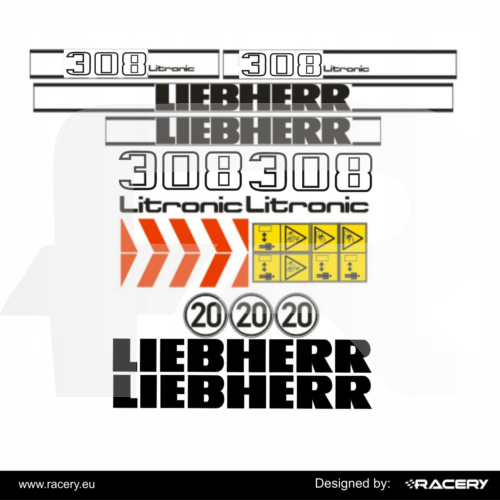 Naklejki na koparkę Liebherr 308 Litronc odporne, zestaw naklejek